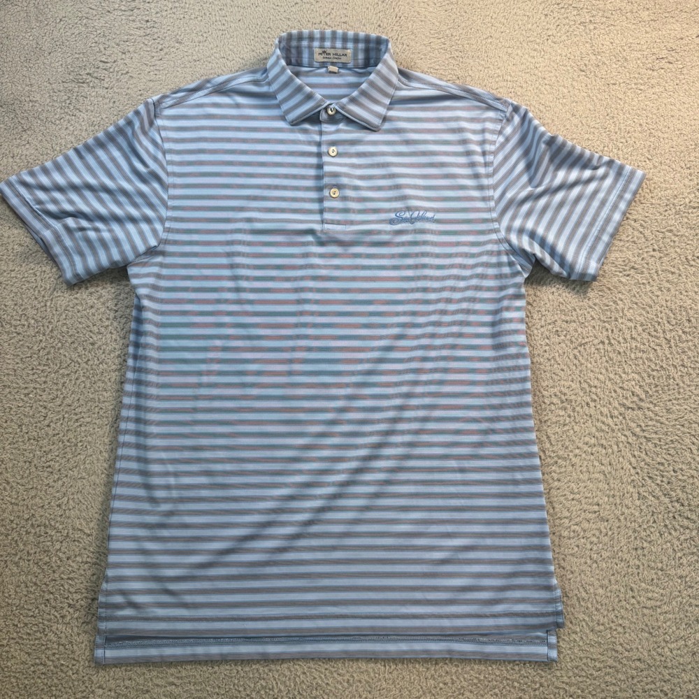 Peter Millar Summer Comfort Mens Small Blue Striped Sea Island Polo Shirt 10960
